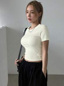 DAZY Của phụ nữ Màu thuần Sọc Áo thun - trắng - Xem 6