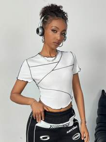 Muchica 女士夏季黑色對比邊飾肋紋紋T卹 - 白色 - 查看 4