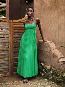 Maija 女式绿色飘逸连衣裙，夏季波西米亚海滩装，2025 年春夏时尚，无袖多层太阳裙