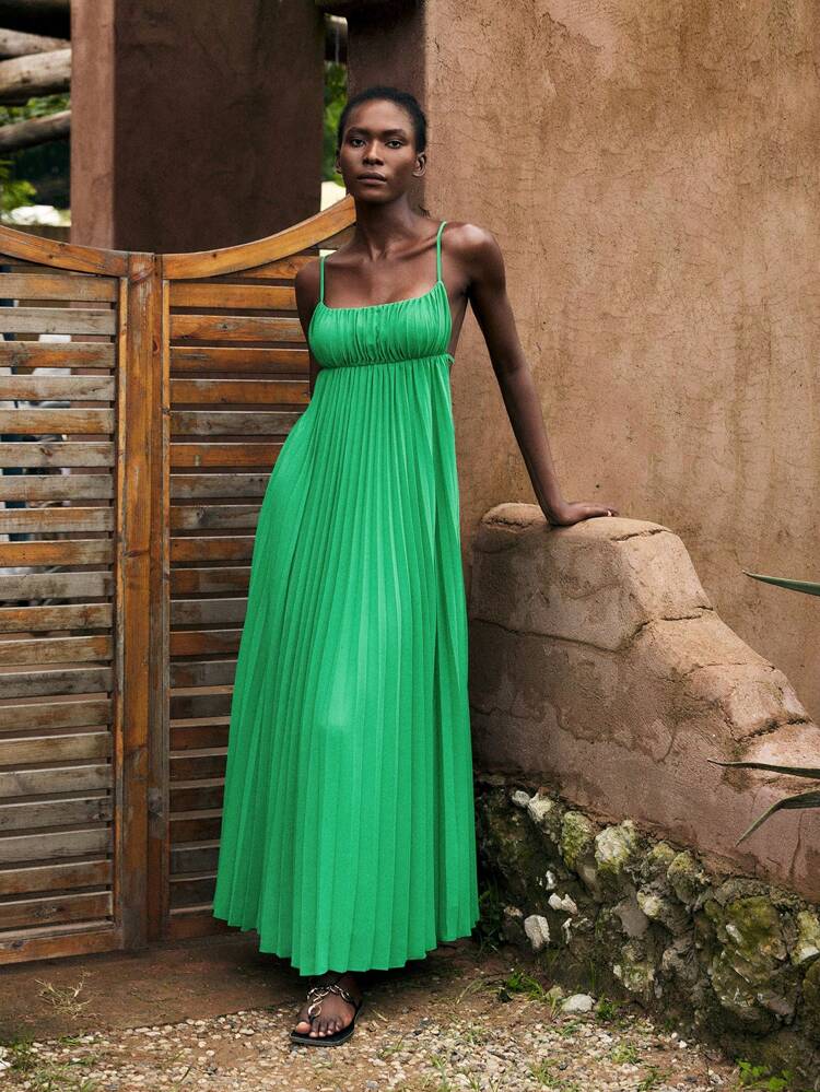 SHEIN Maija 2026 Summer Women's Green Spring/Summer Clothing Summer Women's Vacation Clothing Bohemian Solid Color Women's Beach Clothing Minimalist Spaghetti Strap Pleated Sleeveless Women's Dress   Women Party Top Beach Dress Summer Holiday Outfits Each Vacation Outfits For Women  Summer Outfit For Women Going Out Outfits Graduation Graduation Outfit  Casual Dresses  Casual Blouses For Women