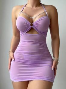 SHEIN 2 件套性感透明网眼内衣睡衣套装，适合成熟女性 - 紫色 - 查看 5