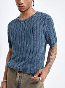 Chillumni Áo dệt kim ngắn tay cổ tròn màu trơn đơn giản dành cho nam - Màu xanh lam - Xem 6