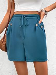 SHEIN LUNE Women's Solid Color Waist Tie Loose Shorts With Pockets - Blue - View 4