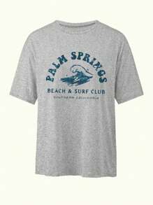 INAWLY Wave & Slogan Graphic Drop Shoulder Tee PALM SPRINGS BEACH SURF CLUB SOUTHERN CALIFORNIA Graphic Tees Women Tops - Light Grey - View 3