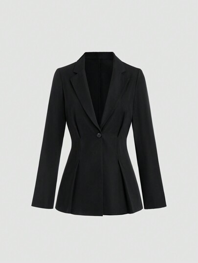 Sweetra Solid Single Button Plicated Detail Blazer Fall Cloth For Women