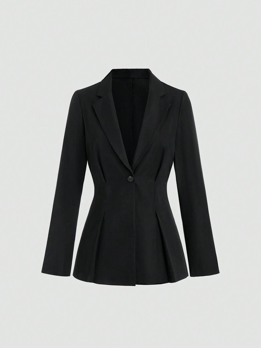 Sweetra 净色单纽扣褶饰细节西装外套 - 黑色 - 查看 1