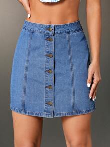SHEIN Tall Falda vaquera de mujer con botones delanteros sólidos - Azul - Ver 4