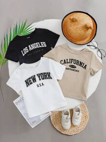 SHEIN Conjunto de 3 piezas para bebé niño con sudadera de punto suave con cuello redondo y mangas cortas con diseño impreso de letras
