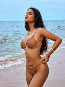 SHEIN Swim Conjunto de bikini de dos piezas de unicolor sexy para mujer, traje de baño