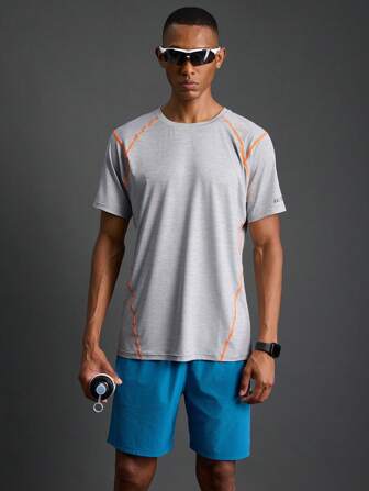Manfinity Sport Polished Boyfriend Style Men's Round Neck Contrast Color Stitching Short Sleeve T-Shirt, Summer