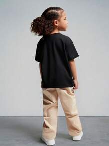 SHEIN Ensemble de T-shirt à manches courtes en tricot pour jeune fille avec conception d'impression de lettre et pantalon long plissé avec poches inclinées - Noir - Voir 2