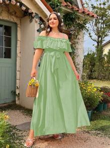 Flirla Vestido largo casual diario simple de unicolor para mujer de talla grande - verde menta - Ver 4