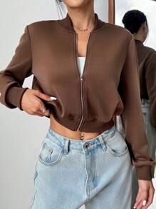 SHEIN EZwear Quần áo mùa xuânÁo khoác bomber có khóa kéo chắc chắn - màu nâu - Xem 6