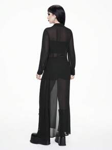 ROMWE Professional Gothic Style Women's See-Through Shirt Dress With Thigh-High Slit - Black - View 5
