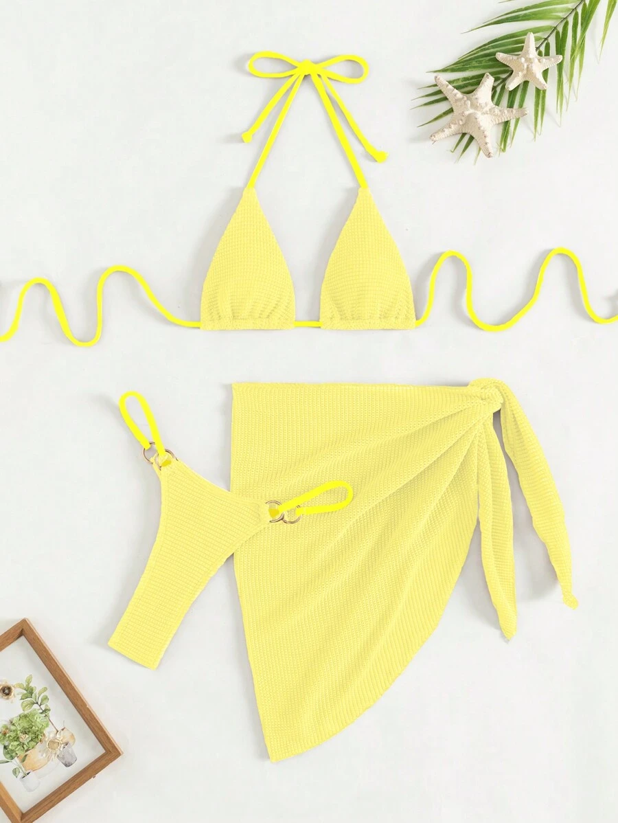 SHEIN Swim 女士夏季海滩纯色露背比基尼套装,带罩裙,特殊面料,3 件套黄色泳衣 - 黃色 - 查看 1