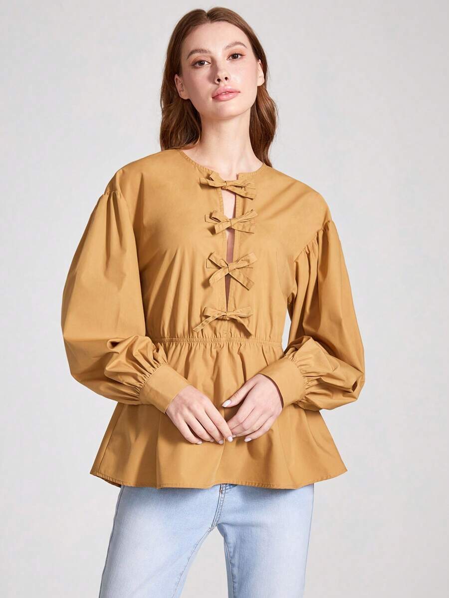 Oxana 设计师品牌女士商务休闲春夏纯色灯笼袖衬衫，带蝴蝶结装饰，适合假日、度假、海滩、节日、伊比沙岛风情、办公室 - 卡其色 - 查看 1