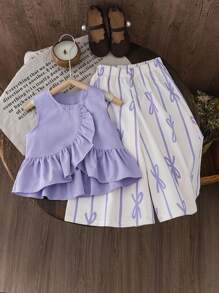 Young Girl Solid Color Round Neck Sleeveless Top With Ruffled Hem And All-Over Print Long Pants Summer Two-Piece Set