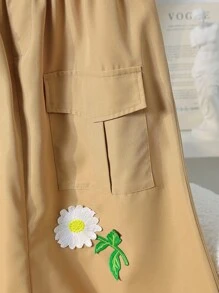 Teen Girls' Casual And Comfortable A-Line Skirt With 3D Embroidery And Accordion Pockets, Knee Length With Belt, Versatile For Daily Commute And Outings - Khaki - View 6