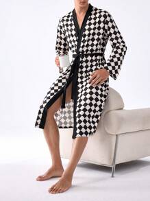 男士格紋對比邊飾腰帶睡袍 - 棕色 - 查看 4