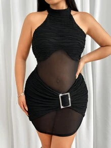 SHEIN ICON Slim Fit Mesh Texture Fabric Spliced Dress With Decorative Big Diamond Buckle, Plus Size - Black - View 4