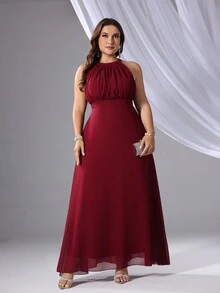 SHEIN Belle Vestido de fiesta elegante de color rojo burdeos talla grande con cuello halter, cintura fruncida - Burdeos - Ver 2