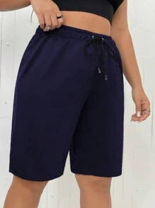 Flirla Plus Drawstring Waist Shorts For Summer - Navy Blue - View 3
