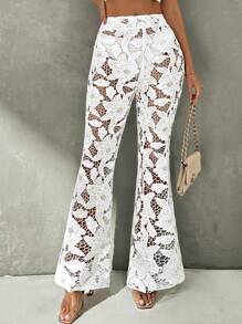 SHEIN Privé Pantalones blancos acampanados y de cintura alta con encaje transparente, elegantes para mujeres, perfectos para la temporada de vacaciones y bodas - Blanco - Ver 7