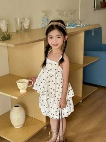SHEIN Girls' Summer Holiday  Cute Polka Dot Printed Tank Top & Ruffled Lantern Pants Two-Piece Set - Coffee Brown - View 3