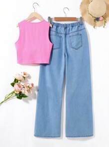 SHEIN Conjunto de ropa de verano para adolescente, Y2K, lindo y moderno, que incluye chaleco de color rosa corto y holgado y pantalones vaqueros rasgados de pierna recta. (Equipo de ropa de verano para chicas) - Multicolor - Ver 2