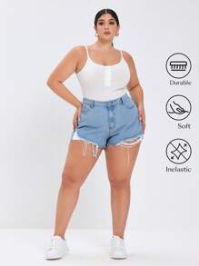 Pantalones cortos de mezclilla de talla grande con apariencia rota y sin elasticidad, a la moda - Azul - Ver 4