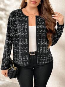 SHEIN PETITE CURVE 大码优雅印花短夹克，撞色边缘，秋冬 - 彩色 - 查看 4