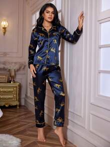 LuxeNights Leopard Print Contrast Piping Satin PJ Set / Pajama Set, Fall Clothes Cozy And Elegant Details, Winter - Navy Blue - View 3