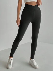 SHEIN Tall Quần áo mùa hè Quần legging cạp cao rắn - màu đen - Xem 2