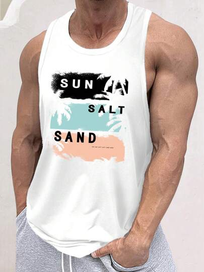 Manfinity Chillmode Ropa de playa de punto ligero para hombre con estampado de surf, árbol de palma hawaiano y letras impresas, verano, blanco, tamaño estándar