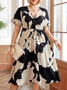 大尺碼夏季優雅花卉印花束腰連衣裙 - 黑色 - 查看 1