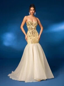 Glamrae Elegant And Gorgeous Champagne Color Tube Top With Positioning Sequins Embroidered Breast Cup Mesh Splicing Fishtail Hem Floor Length Heavy Industry Dinner Dress