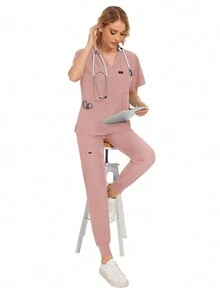 Bộ đồng phục y tá dược sĩ tay ngắn nhiều màu, đồng phục bác sĩ bệnh viện, đồng phục phẫu thuật răng miệng, bộ đồ phẫu thuật cho nữ - Hồng - Xem 3