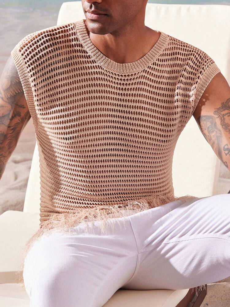 Men's Summer Solid Color Round Neck Hollow Loose Knit Casual Top