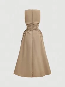 SHEIN MOD Black Date Night Lateral Cross Frenulum Solid Ruched Detail Long Dress,Summer Dresses For Women,Tea Party Dress