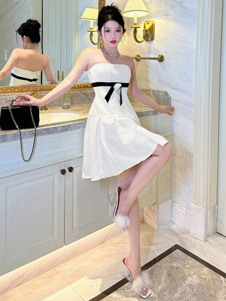 Women's Color Block 3D Flower Decorated Simple Strapless Dress For Daily Wear, Birthday Prom Dress Sundress,Casual Women Dresses Elegant Women Dresses