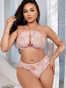 SHEIN Bộ đồ lót áo ngực và quần lót đơn giản hàng ngày cỡ lớn dành cho nữ, Đồ lót - Hồng - Xem 1