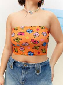 Mr Men Little Miss X SHEIN Plus Size Summer Fashion Casual Cartoon Star Print Orange Knit Slim Fit Bandeau Top