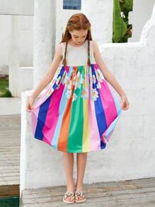 SHEIN Váy vest kiểu dáng thường ngày, in họa tiết hoa cầu vồng nhiều màu sắc, thích hợp cho bé gái tuổi teen, kiểu dáng đi nghỉ mát. - Nhiều màu - Xem 4