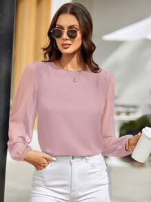 EMERY ROSE Women's Round Neck Solid Color Casual Long Sleeve Shirt For Everyday Wear Fall Cloth For Women - Pink - View 6