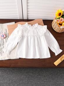 SHEIN Baby Girls' Simple, Comfortable, Elegant, And Versatile Long Sleeve Top With Ruffled Lace Design, Fall/Winter - White - View 1