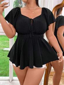 Flirla Texture Fabric Elastic Waist Plus Size A-Line Short Sleeve Shirt Peplum Top - Black - View 5