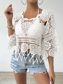 SHEIN Swim 针织镂空流苏下摆罩衫，适合度假休闲夏季 - 白色 - 查看 5