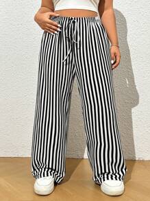 SHEIN EZwear 加大碼休閒條紋針織寬腿褲，適用於居家穿著