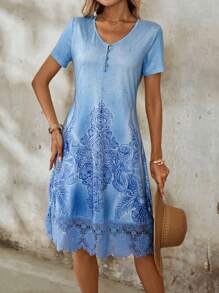 EMERY ROSE Women's Vintage Print & Contrast Lace Holiday Casual Dress Going Out Dress Blue Dress