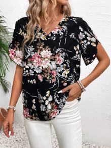 EMERY ROSE Áo kiểu nữ tay ngắn cổ chữ V in hoa thanh lịch cho kỳ nghỉ - Nhiều màu - Xem 6